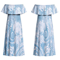 Aloha Hawaii Turtles Floral Family Matching Off Shoulder Maxi Dress and Hawaiian Shirt Aqua Marbles Glaze LT7 Mom's Dress Aqua - Polynesian Pride