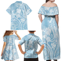 Aloha Hawaii Turtles Floral Family Matching Off Shoulder Maxi Dress and Hawaiian Shirt Aqua Marbles Glaze
