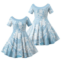 Aloha Hawaii Turtles Floral Family Matching Off Shoulder Maxi Dress and Hawaiian Shirt Aqua Marbles Glaze LT7 Daughter's Dress Aqua - Polynesian Pride