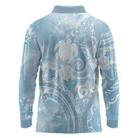 Aloha Hawaii Turtles Floral Long Sleeve Polo Shirt Aqua Marbles Glaze