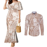 Aloha Hawaii Turtles Floral Couples Matching Mermaid Dress and Long Sleeve Button Shirt Taupe Marbles Glaze