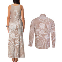 Aloha Hawaii Turtles Floral Couples Matching Tank Maxi Dress and Long Sleeve Button Shirt Taupe Marbles Glaze