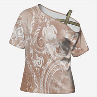 Aloha Hawaii Turtles Floral Cross Shoulder Shirt Taupe Marbles Glaze