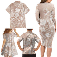 Aloha Hawaii Turtles Floral Family Matching Long Sleeve Bodycon Dress and Hawaiian Shirt Taupe Marbles Glaze