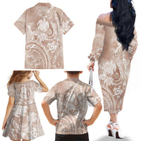 Aloha Hawaii Turtles Floral Family Matching Off The Shoulder Long Sleeve Dress and Hawaiian Shirt Taupe Marbles Glaze