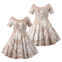 Aloha Hawaii Turtles Floral Family Matching Off The Shoulder Long Sleeve Dress and Hawaiian Shirt Taupe Marbles Glaze LT7 Daughter's Dress Taupe - Polynesian Pride