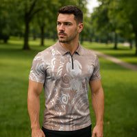Aloha Hawaii Turtles Floral Zipper Polo Shirt Taupe Marbles Glaze