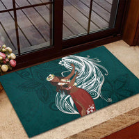 Tahiti Islands Polynesian Plumeria Rubber Doormat Tahitian Vahine 'Ote'a - Teal