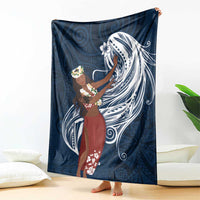 Tahiti Islands Polynesian Plumeria Blanket Tahitian Vahine 'Ote'a - Navy Blue LT7 - Polynesian Pride