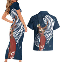 Tahiti Islands Polynesian Plumeria Couples Matching Short Sleeve Bodycon Dress and Hawaiian Shirt Tahitian Vahine 'Ote'a - Navy Blue