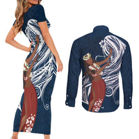 Tahiti Islands Polynesian Plumeria Couples Matching Short Sleeve Bodycon Dress and Long Sleeve Button Shirt Tahitian Vahine 'Ote'a - Navy Blue