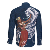 Tahiti Islands Polynesian Plumeria Long Sleeve Button Shirt Tahitian Vahine 'Ote'a - Navy Blue