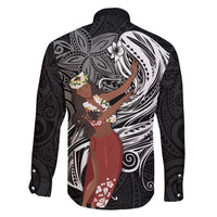 Tahiti Islands Polynesian Plumeria Family Matching Long Sleeve Bodycon Dress and Hawaiian Shirt Tahitian Vahine 'Ote'a - Black