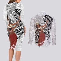 Tahiti Islands Polynesian Plumeria Couples Matching Long Sleeve Bodycon Dress and Long Sleeve Button Shirt Tahitian Vahine 'Ote'a - White