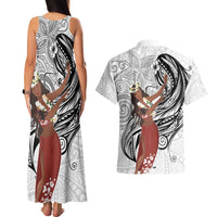 Tahiti Islands Polynesian Plumeria Couples Matching Tank Maxi Dress and Hawaiian Shirt Tahitian Vahine 'Ote'a - White