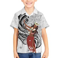 Tahiti Islands Polynesian Plumeria Family Matching Off The Shoulder Long Sleeve Dress and Hawaiian Shirt Tahitian Vahine 'Ote'a - White