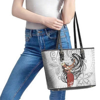 Tahiti Islands Polynesian Plumeria Leather Tote Bag Tahitian Vahine 'Ote'a - White