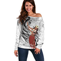 Tahiti Islands Polynesian Plumeria Off Shoulder Sweater Tahitian Vahine 'Ote'a - White LT7 Women White - Polynesian Pride