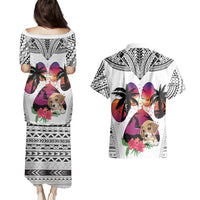Polynesian Couples Matching Puletasi Dress and Hawaiian Shirt Dog Lover With Beagle - Sunset At The Beach White Ver LT7 - Polynesian Pride