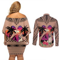 Polynesian Couples Matching Off Shoulder Short Dress and Long Sleeve Button Shirts Dog Lover With German Shepherd - Sunset At The Beach Brown Ver LT7 - Polynesian Pride