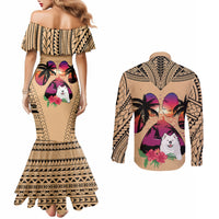Polynesian Couples Matching Mermaid Dress and Long Sleeve Button Shirts Dog Lover With Samoyed - Sunset At The Beach LT7 - Polynesian Pride