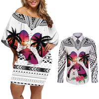 Polynesian Couples Matching Off Shoulder Short Dress and Long Sleeve Button Shirts Dog Lover With Samoyed - Sunset At The Beach White Ver LT7 White - Polynesian Pride