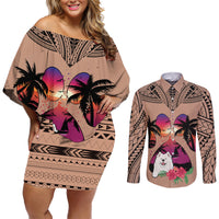 Polynesian Couples Matching Off Shoulder Short Dress and Long Sleeve Button Shirts Dog Lover With Samoyed - Sunset At The Beach Brown Ver LT7 Brown - Polynesian Pride