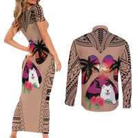 Polynesian Couples Matching Short Sleeve Bodycon Dress and Long Sleeve Button Shirts Dog Lover With Samoyed - Sunset At The Beach Brown Ver LT7 - Polynesian Pride
