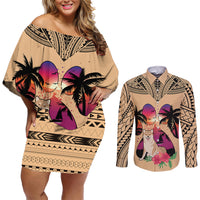 Polynesian Couples Matching Off Shoulder Short Dress and Long Sleeve Button Shirts Dog Lover With Shiba Inu - Sunset At The Beach LT7 Coral - Polynesian Pride