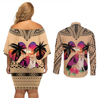 Polynesian Couples Matching Off Shoulder Short Dress and Long Sleeve Button Shirts Dog Lover With Shiba Inu - Sunset At The Beach LT7 - Polynesian Pride
