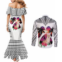 Polynesian Couples Matching Mermaid Dress and Long Sleeve Button Shirts Dog Lover With Shiba Inu - Sunset At The Beach White Ver LT7 - Polynesian Pride
