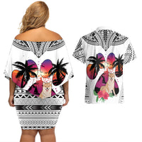 Polynesian Couples Matching Off Shoulder Short Dress and Hawaiian Shirt Dog Lover With Shiba Inu - Sunset At The Beach White Ver LT7 - Polynesian Pride