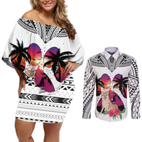 Polynesian Couples Matching Off Shoulder Short Dress and Long Sleeve Button Shirts Dog Lover With Shiba Inu - Sunset At The Beach White Ver LT7 White - Polynesian Pride