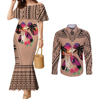 Polynesian Couples Matching Mermaid Dress and Long Sleeve Button Shirts Dog Lover With Shiba Inu - Sunset At The Beach Brown Ver LT7 Brown - Polynesian Pride