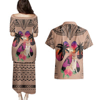 Polynesian Couples Matching Puletasi Dress and Hawaiian Shirt Dog Lover With Shiba Inu - Sunset At The Beach Brown Ver LT7 - Polynesian Pride
