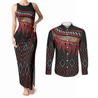 Aotearoa Maori Ngapuhi Iwi Couples Matching Tank Maxi Dress and Long Sleeve Button Shirt Korowai Tukutuku Kaokao Motifs