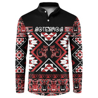 Personalised Aotearoa Waitangi Button Sweatshirt Taniko Motifs - Mania Gecko LT7 Red - Polynesian Pride