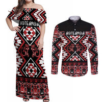 Personalised Aotearoa Waitangi Couples Matching Off Shoulder Maxi Dress and Long Sleeve Button Shirt Taniko Motifs - Mania Gecko LT7 Red - Polynesian Pride