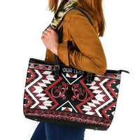 Personalised Aotearoa Waitangi Leather Tote Bag Taniko Motifs - Mania Gecko LT7 Red - Polynesian Pride