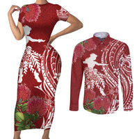 Personalised Hawaii Wahine Couples Matching Short Sleeve Bodycon Dress and Long Sleeve Button Shirt Women's Day Ohia Lehua LT7 Red - Polynesian Pride