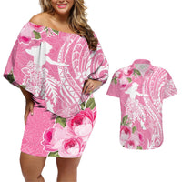 Personalised Hawaii Wahine Couples Matching Off Shoulder Short Dress and Hawaiian Shirt Women's Day Maui Lokelani Roses LT7 Pink - Polynesian Pride