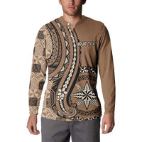 Personalized Tonga Ngatu Button Sweatshirt Vintage Brown Manulua Motifs LT7 - Polynesian Pride