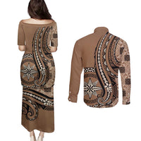 Personalized Tonga Ngatu Couples Matching Puletasi and Long Sleeve Button Shirt Vintage Brown Manulua Motifs LT7 - Polynesian Pride