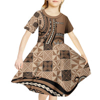 Personalized Tonga Ngatu Kid Short Sleeve Dress Vintage Brown Manulua Motifs LT7 - Polynesian Pride
