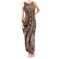 Personalized Tonga Ngatu Tank Maxi Dress Vintage Brown Manulua Motifs LT7 Women Brown - Polynesian Pride
