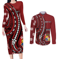 Personalized Tonga Ngatu Couples Matching Long Sleeve Bodycon Dress and Long Sleeve Button Shirt Iconic Red Manulua Motifs LT7 Red - Polynesian Pride
