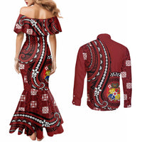 Personalized Tonga Ngatu Couples Matching Mermaid Dress and Long Sleeve Button Shirt Iconic Red Manulua Motifs LT7 - Polynesian Pride
