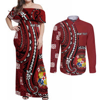 Personalized Tonga Ngatu Couples Matching Off Shoulder Maxi Dress and Long Sleeve Button Shirt Iconic Red Manulua Motifs LT7 Red - Polynesian Pride