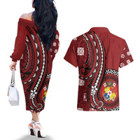 Personalized Tonga Ngatu Couples Matching Off The Shoulder Long Sleeve Dress and Hawaiian Shirt Iconic Red Manulua Motifs LT7 - Polynesian Pride