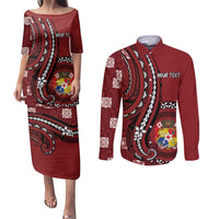 Personalized Tonga Ngatu Couples Matching Puletasi and Long Sleeve Button Shirt Iconic Red Manulua Motifs LT7 Red - Polynesian Pride